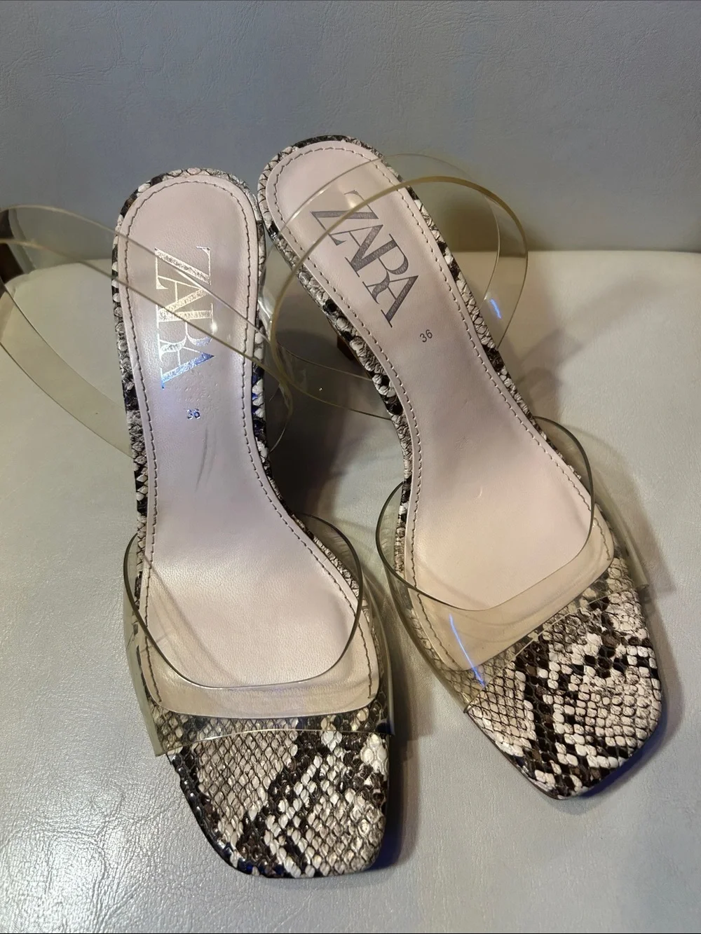 ZARA Clear Strap Snake-Print Women’s Heels — Cream/Tan | Size:EU 36 |3.5 heel - Picture 8 of 9